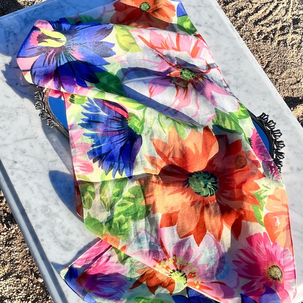 Vintage Diane Von Furstenberg Floral Scarf, Italy, Rectangle, Blue Orange Green